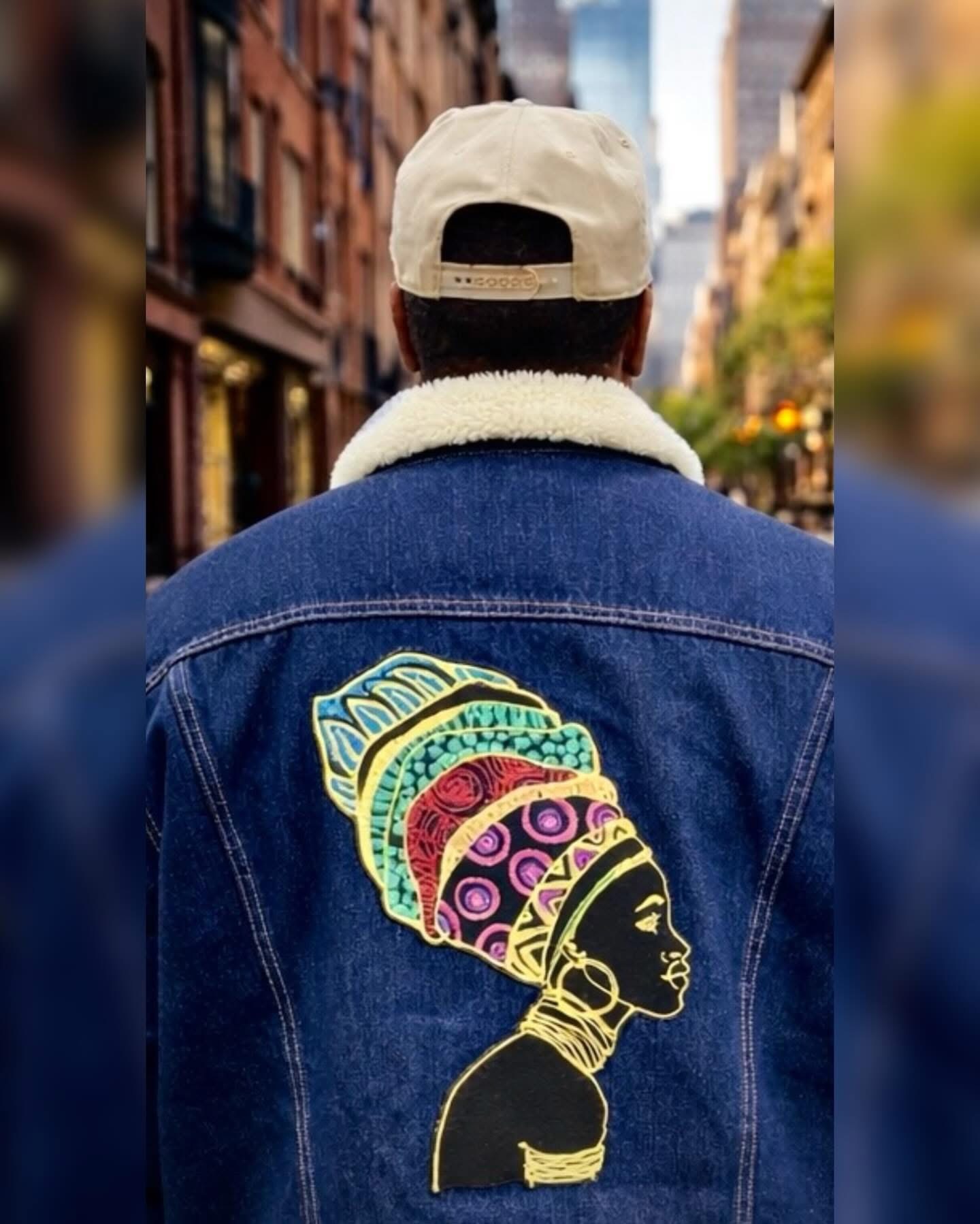 Denim jacket embroidery, a woman's portrait with a colourful head-wrap (commissioned work)